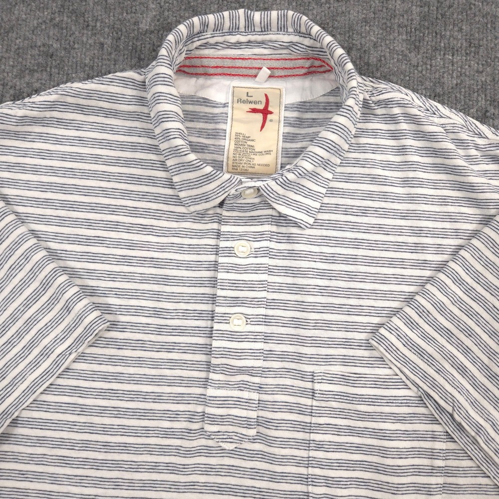 Relwen Polo Shirt Mens Large Blue Striped Front Pocket Hemp Organic Cotton Blend
